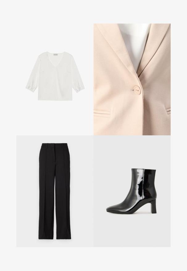 Beige blazer med en enkelt knaplukning, notch lapeller og to frontlommer med subtile stikningsdetaljer. Glat tekstur.; Hvid langærmet bluse med dyb V-hals, blødt satinlignende materiale og samlede ærmekanter for en afslappet pasform.; Sorte bukser med en lige ben design, der har to forreste folder, en talje og ingen synlige lommer eller dekorative elementer.; Sort lakeret ankelstøvle med spids tå og en midt-højde blokhæl. Glat tekstur og minimalistisk design.
