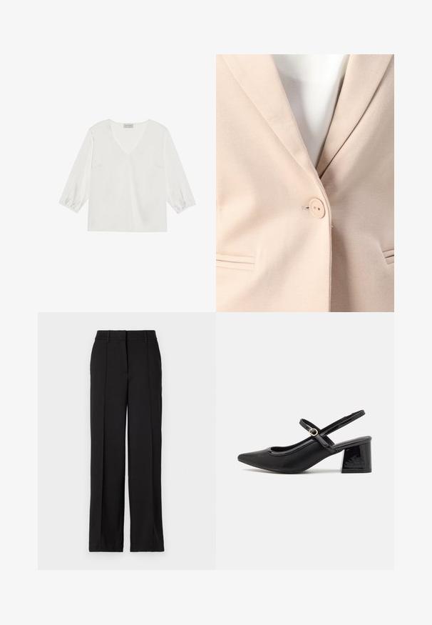Bež blazer s enojnim gumbom, z zareznimi reverji in dvema sprednjima žepoma s subtilnimi šivnimi detajli. Gladka tekstura.; Bela bluzica z dolgimi rokavi, z globokim V-izrezom, iz mehke satinaste tkanine in z nabranimi manšetami za sproščen fit.; Črne hlače s ravnim krojem, ki imajo dva sprednja nabora, pas in brez vidnih žepov ali okrasnih elementov.; Črne patentne usnjene salonarce s slingback obliko, s koničastim nosom, zaobljenim izrezom in blok peto. Imajo zlato kovinsko zaponko kot dodatno okrasje.