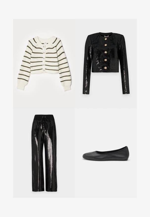 Fekete, strassz anyagból készült cropped dzseki, hosszú ujjakkal, kerek nyakkivágással és öt arany gombbal az elején.; Krém színű kardigán sötétzöld csíkokkal, kötött textúrával, cropped design-nal, kerek nyakkivágással, és öt gombbal a fronton.; Egyszerű, fekete, bordázott, egyvállas ujjatlan felső, testhez simuló fazonnal és puha textúrával. Tiszta, minimalista szabás és sima nyakkivágás jellemzi.; Fekete flitteres nadrág széles lábszárral és rugalmas derékkal, amely húzózsinórral rendelkezik. Az anyag fényvisszaverő, csillogó textúrával bír.; Fekete bőr balettcipő lekerekített orral, sima tekstúrával, minimális varrással és rugalmas talp kialakítással.