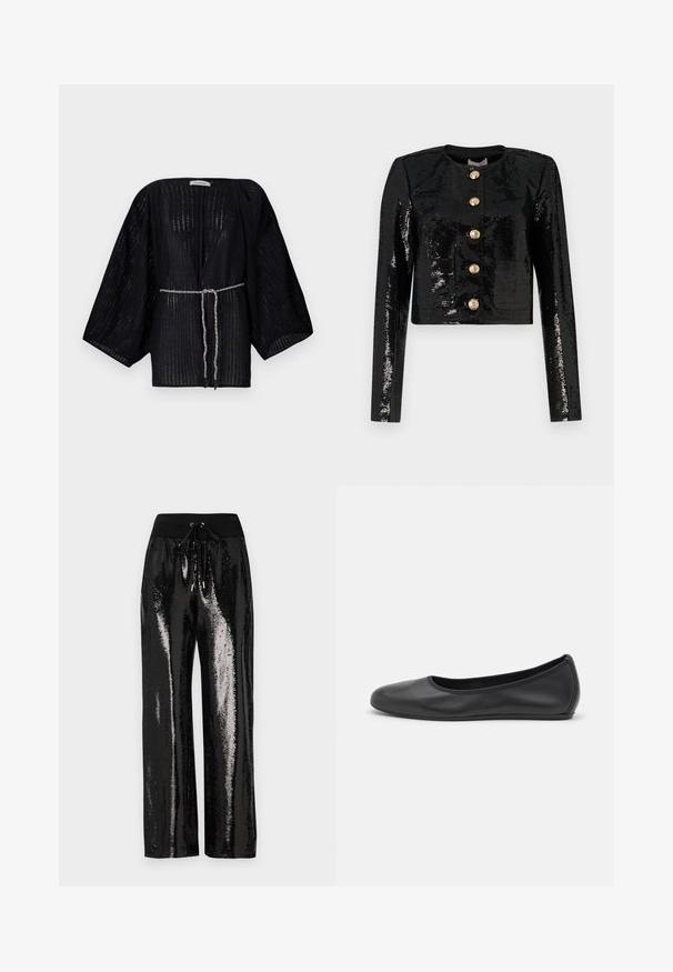 Schwarze, taillierte Jacke aus Paillettentuch mit langen Ärmeln, runder Ausschnitt und fünf goldenen Knöpfen entlang der Vorderseite.; Schwarzer, offener Kimono mit weiten Ärmeln, aus strukturiertem Stoff gefertigt. Verfügt über eine taillierte Taille mit einem silbernen geflochtenen Band.; Schwarzes, geripptes Tanktop mit einem Schulterdesign, tailliert und aus einem weichen Material gefertigt. Es hat einen klaren, minimalistischen Schnitt und einen glatten Halsausschnitt.; Schwarze Pailletten-Hosen mit weitem Bein und elastischem Bund mit Kordelzug. Der Stoff hat eine reflektierende, glänzende Textur.; Schwarze Leder-Ballettschuhe mit abgerundeter Spitze, glatter Textur, minimalen Nähdetails und einem flexiblen Sohlen-Design.