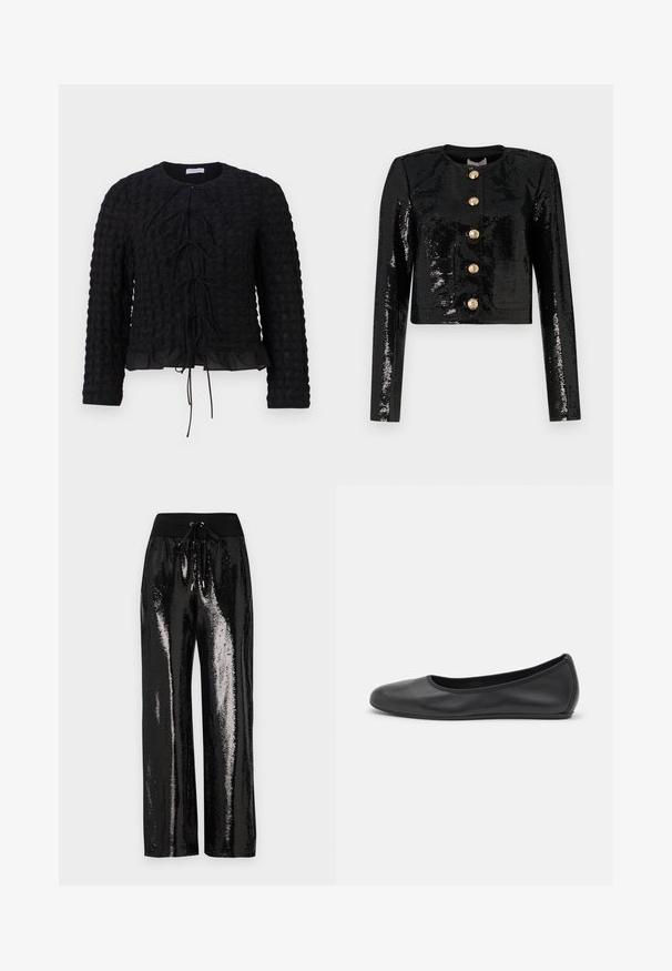 Schwarze, taillierte Jacke aus Paillettentuch mit langen Ärmeln, runder Ausschnitt und fünf goldenen Knöpfen entlang der Vorderseite.; Hofmann Copenhagen MAVI - Bluse - black; Schwarze Pailletten-Hosen mit weitem Bein und elastischem Bund mit Kordelzug. Der Stoff hat eine reflektierende, glänzende Textur.; Schwarze Leder-Ballettschuhe mit abgerundeter Spitze, glatter Textur, minimalen Nähdetails und einem flexiblen Sohlen-Design.
