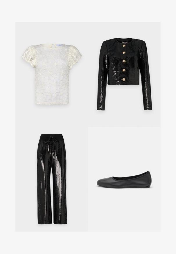 Schwarze, taillierte Jacke aus Paillettentuch mit langen Ärmeln, runder Ausschnitt und fünf goldenen Knöpfen entlang der Vorderseite.; Hofmann Copenhagen CASSIA TOP - Bluse - creme; Schwarze Pailletten-Hosen mit weitem Bein und elastischem Bund mit Kordelzug. Der Stoff hat eine reflektierende, glänzende Textur.; Schwarze Leder-Ballettschuhe mit abgerundeter Spitze, glatter Textur, minimalen Nähdetails und einem flexiblen Sohlen-Design.