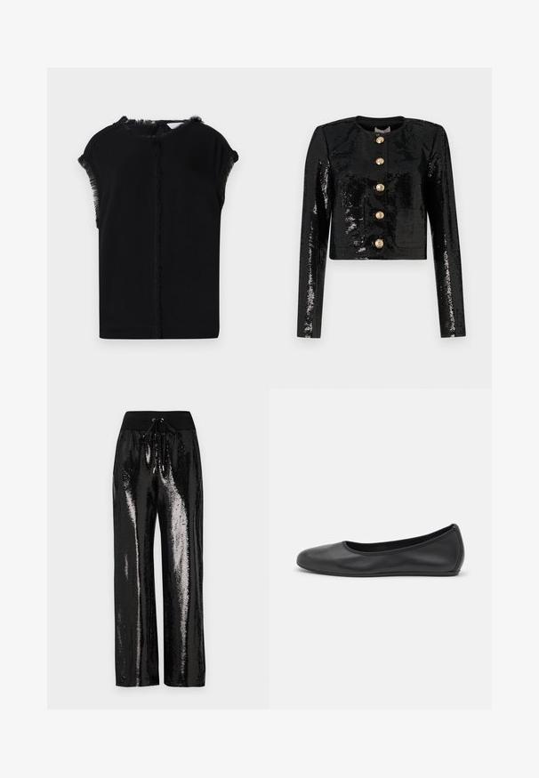 Schwarze, taillierte Jacke aus Paillettentuch mit langen Ärmeln, runder Ausschnitt und fünf goldenen Knöpfen entlang der Vorderseite.; Schwarz Oberteil mit einer glatten, weichen Textur und Fransendetails an den Ärmeln und am Ausschnitt. Schlichte, lockere Silhouette.; Schwarzes, geripptes Tanktop mit einem Schulterdesign, tailliert und aus einem weichen Material gefertigt. Es hat einen klaren, minimalistischen Schnitt und einen glatten Halsausschnitt.; Schwarze Pailletten-Hosen mit weitem Bein und elastischem Bund mit Kordelzug. Der Stoff hat eine reflektierende, glänzende Textur.; Schwarze Leder-Ballettschuhe mit abgerundeter Spitze, glatter Textur, minimalen Nähdetails und einem flexiblen Sohlen-Design.