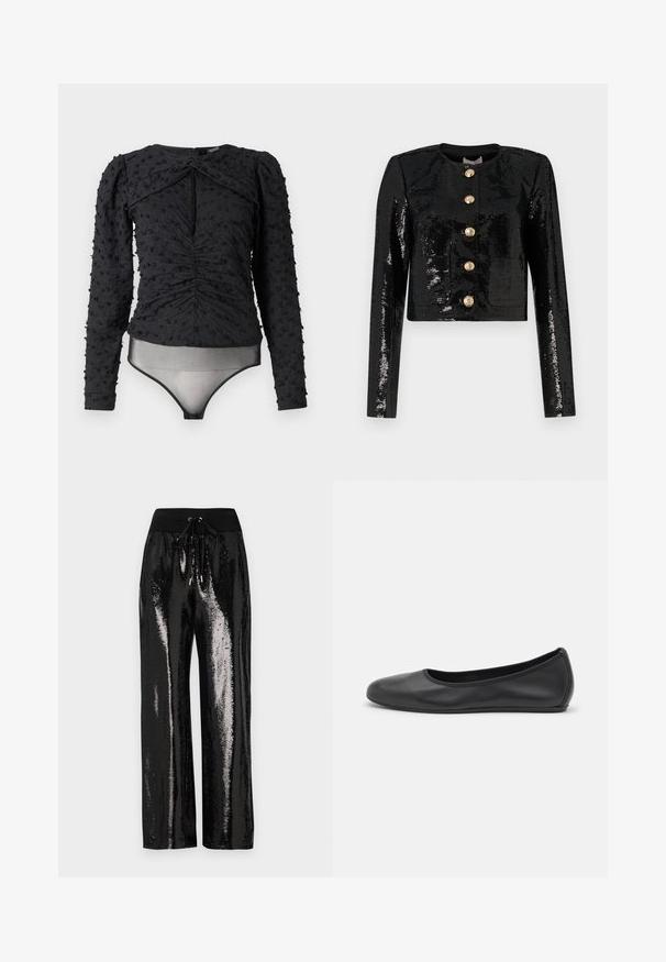 Czarna cropped kurtka wykonana z tkaniny z cekinami, z długimi rękawami, okrągłym dekoltem i pięcioma złotymi guzikami z przodu.; Hofmann Copenhagen ALEXANDRA czarny; Czarne spodnie z cekinami, o szerokim kroju nogawek i elastycznym pasku w talii z sznurkiem do regulacji. Materiał ma odblaskową, błyszczącą teksturę.; Czarne skórzane baletki z zaokrąglonym noskiem, gładką fakturą, minimalnymi przeszyciami i elastycznym designem podeszwy.