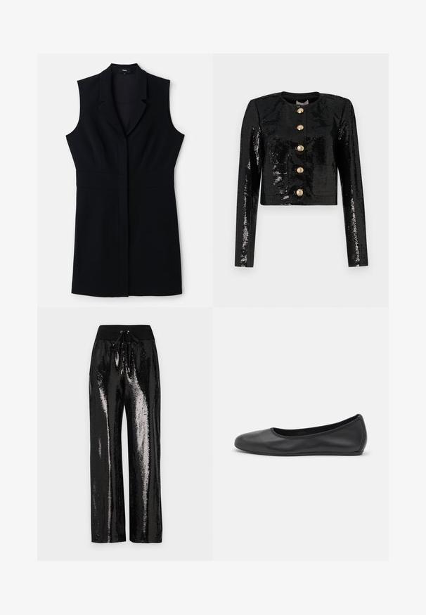 Melnā īsajā jakā, kas izgatavota no pērļu auduma, ir garas piedurknes, apaļa kakla izgriezuma un pieci zelta pogas priekšpusē.; Melnas bez piedurknēm šūtu žaketi ar pielāgotu piegriezumu, kurai ir izgriezta apkakle un viens priekšējais aizvērums. Gluda audums un minimālisma dizains.; Vienu plecu melns ribots topiņš ar pieguļošu dizainu un mīkstu tekstūru. Iezīmējas ar tīru, minimālu griezumu un gludu apkakli.; Melni ēku bikses ar plašu kāju griezumu un elastīgu jostasvietu, kurai ir aukliņa. Audums ir ar atstarojošu, spīdīgu tekstūru.; Melna ādas baleta kurpe ar noapaļotu purngalu, gludu tekstūru, minimālu šuvju detalizāciju un elastīgu zoles dizainu.