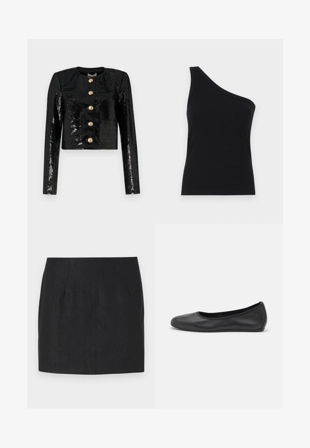 Fekete, strassz anyagból készült cropped dzseki, hosszú ujjakkal, kerek nyakkivágással és öt arany gombbal az elején.; Egyszerű, fekete, bordázott, egyvállas ujjatlan felső, testhez simuló fazonnal és puha textúrával. Tiszta, minimalista szabás és sima nyakkivágás jellemzi.; Fekete szoknya, szabott fazonnal, rakott részletekkel és sima, texturált anyaggal. Az alja egyenes, a térd fölé érkező hosszúsággal.; Fekete bőr balettcipő lekerekített orral, sima tekstúrával, minimális varrással és rugalmas talp kialakítással.