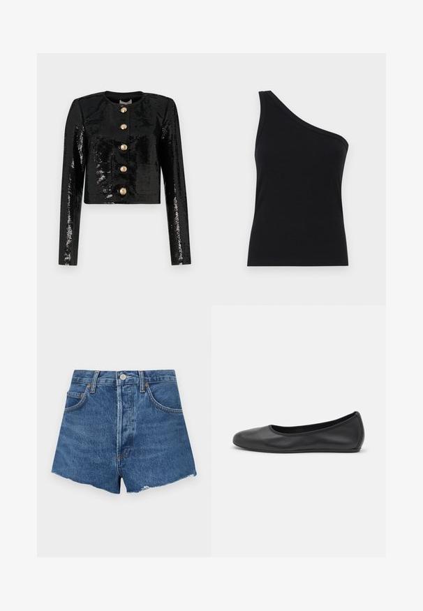 Black cropped jacket made of sequin fabric, featuring long sleeves, a round neckline, and five gold buttons along the front.; One-shoulder black ribbed tank top with a fitted design and soft texture. Features a clean, minimal cut and smooth neckline.; Denim shorts in medium blue with a frayed hem, featuring front pockets and a button closure. Heavyweight texture with slight fading.; Black leather ballet flat with a rounded toe, smooth texture, minimal stitching detail, and a flexible sole design.