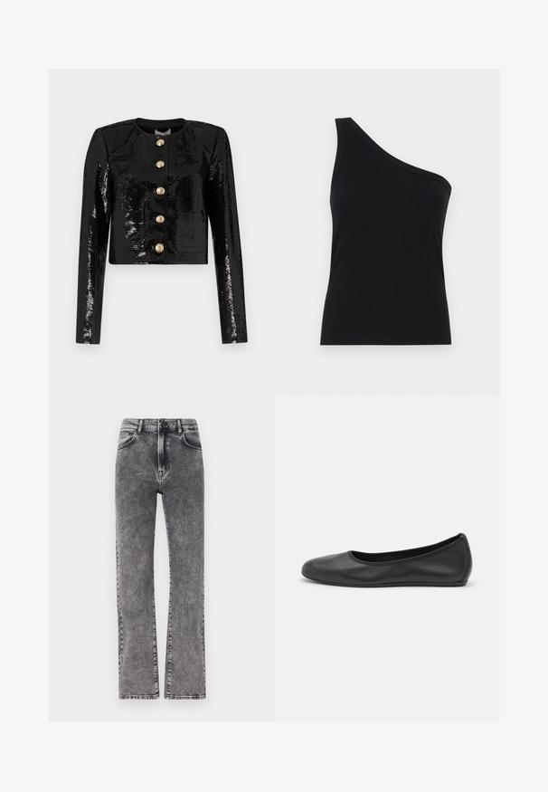 Must have sequins, pikk, must, ndideln . teev Ühesse musta vest, mis on kaetud sädelustega, on pikkade varrukatega, ümar kaelus ning ees viis kuldset nuppu.; Ühe õla must ribakanga tank top, millel on vormikujundus ja pehme tekstuur. Omab puhtat, minimalistlikku lõiget ja sujuvat kaelust.; Hallid hall denim kõrge vööga teksad sirge jalaga disainiga, millel on peened kulumised ja standardne viie tasku stiil.; Musthave mustika tantsutossud mustast nahast, ümmarguse varbaga, siledast tekstuurist, minimaalse õmblusdetailiga ja paindliku tallakujundusega.