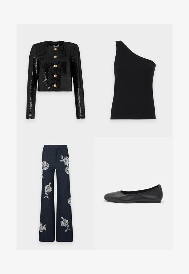 Must have sequins, pikk, must, ndideln . teev Ühesse musta vest, mis on kaetud sädelustega, on pikkade varrukatega, ümar kaelus ning ees viis kuldset nuppu.; Ühe õla must ribakanga tank top, millel on vormikujundus ja pehme tekstuur. Omab puhtat, minimalistlikku lõiget ja sujuvat kaelust.; Tumedat sinise denimist püksid, millel on valged tikitud roosimustrid. Omab nööp-kinnitust ja traditsioonilist tasku kujundust.; Musthave mustika tantsutossud mustast nahast, ümmarguse varbaga, siledast tekstuurist, minimaalse õmblusdetailiga ja paindliku tallakujundusega.