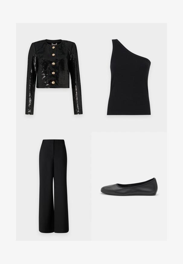 Casaco curto preto feito de tecido de lantejoulas, apresentando mangas longas, um decote redondo e cinco botões dourados na parte da frente.; Top de tanque preto com um ombro, com um design justo e textura suave. Apresenta um corte limpo e minimalista e um decote suave.; MAX&Co. BRIVIDO - Calças - schwarz; Bailarina preta em pele com bico arredondado, textura suave, detalhe de costura minimalista e design de sola flexível.