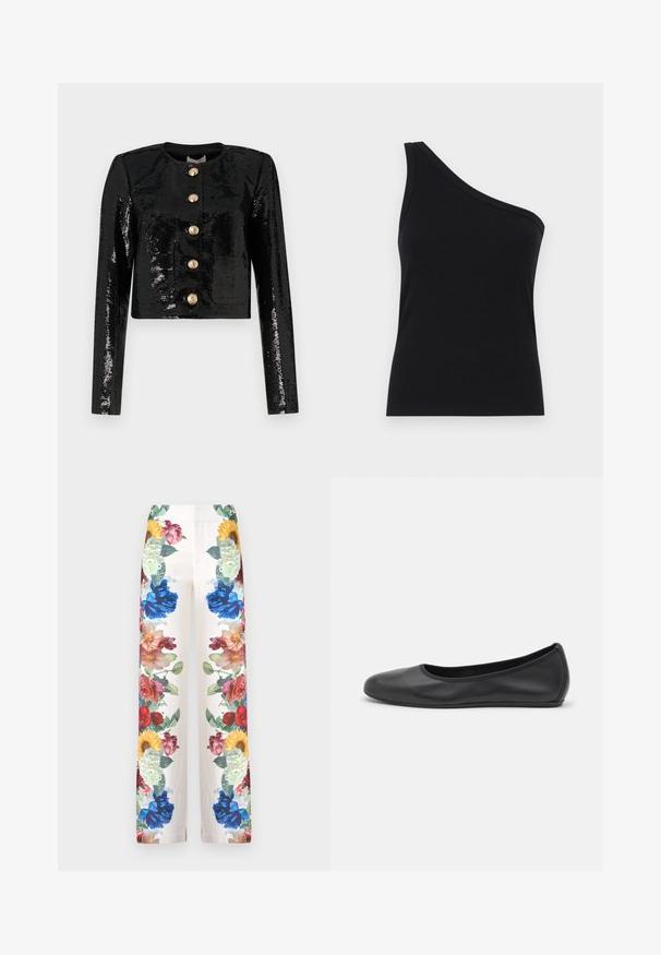 Black cropped jacket made of sequin fabric, featuring long sleeves, a round neckline, and five gold buttons along the front.; One-shoulder black ribbed tank top with a fitted design and soft texture. Features a clean, minimal cut and smooth neckline.; Alice + Olivia ANDREW BOOTCUT SLIM PANT - Trousers - off white; Black leather ballet flat with a rounded toe, smooth texture, minimal stitching detail, and a flexible sole design.