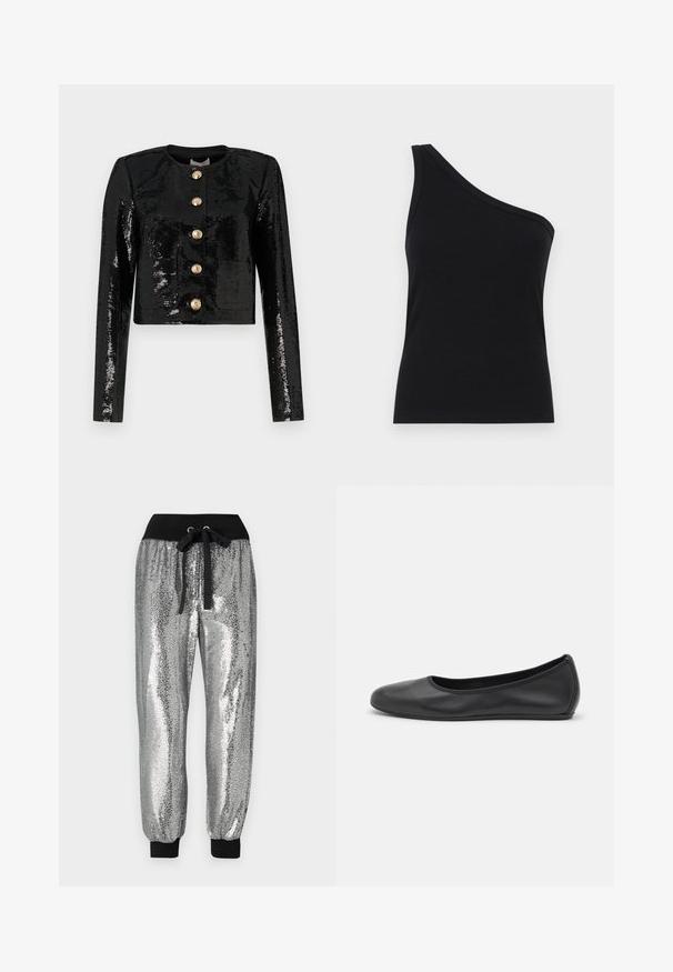 Mustat lyhyet takit, jotka on valmistettu paljettikankaasta, joissa on pitkät hihat, pyöreä kaula-aukko ja viisi kultaisista napista etuosassa.; Musta ribbed-hihaton toppi yhdellä olalla, joka on muotoiltu tiukasti ja on pehmeä tekstiililtään. Tässä on siisti, minimalistinen leikkaus ja sileä kaula-aukko.; Harmaasta kimaltavasta kankasta valmistetut jogger-housut, joissa on musta joustava vyötärö, narupitsi ja mustat hihnat nilkoissa, mikä luo kapenevan ilmeen.; Musta nahkainen ballerina, jossa on pyöristetty kärki, sileä pinta, minimaalinen ommelkoristelu ja joustava pohjamuotoilu.