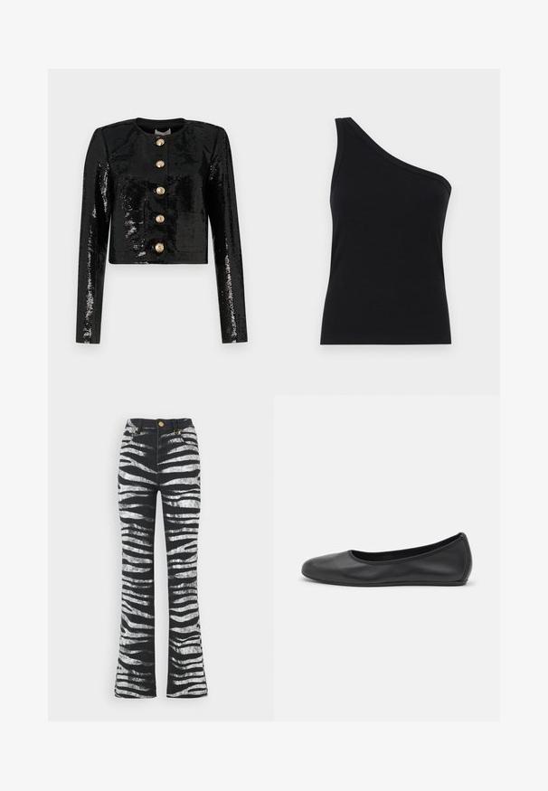 Must have sequins, pikk, must, ndideln . teev Ühesse musta vest, mis on kaetud sädelustega, on pikkade varrukatega, ümar kaelus ning ees viis kuldset nuppu.; Ühe õla must ribakanga tank top, millel on vormikujundus ja pehme tekstuur. Omab puhtat, minimalistlikku lõiget ja sujuvat kaelust.; Roberto Cavalli Alt laienevad teksad - nero/bianco; Musthave mustika tantsutossud mustast nahast, ümmarguse varbaga, siledast tekstuurist, minimaalse õmblusdetailiga ja paindliku tallakujundusega.