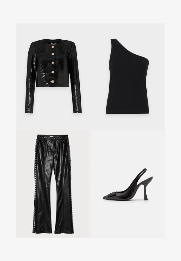Svart kort jacka i paljettyg, med långa ärmar, rund halsringning och fem gyllene knappar framtill.; Enaxlad svart ribbad linne med en figurnära design och mjuk textur. Har en ren, minimalistisk skärning och slät halsringning.; Cinq à Sept STUDDED SHAILENE PANT - Tygbyxor - black; Svart lädersandal med spetsig tå, smal hög klack och en dekorativ rosettdetalj. Slät yta och elegant design.