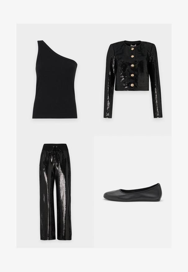 Giacca nera corta in tessuto di paillettes, con maniche lunghe, scollo rotondo e cinque bottoni dorati sul davanti.; Canotta nera a costine con spalla scoperta, dal design aderente e texture morbida. Presenta un taglio pulito e minimal e un collare liscio.; Pantaloni neri in paillettes con taglio a gamba larga e vita elasticizzata dotata di un cordino. Il tessuto ha una texture riflettente e lucida.; Pantofole da balletto nere in pelle con punta arrotondata, texture liscia, dettagli di cucitura minimi e design con suola flessibile.