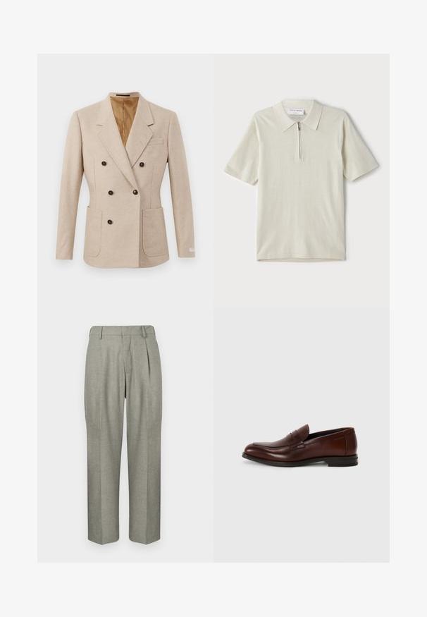 Bež dvoredni blejzer izrađen od teksturiranog materijala, s dva prednja džepa i smešnim dugmadi, u boji smeđe, te sa tamnom podstavom i reverima.; Polo majica kratkih rukava u svijetloj bež boji s zatvaračem na ovratniku. Napravljena od glatkog materijala, sadrži jednostavan, moderan dizajn bez uzoraka.; Svijetlosive hlače izrađene od strukturirane tkanine. Imaju ravne nogavice, nabore sprijeda i ravni pojas.; Smeđe kožne mokasine s zaobljenim prstima, detaljem remena sprijeda i niskim složenim potplatom. Glatka tekstura s minimalnim dekorativnim akcentima.