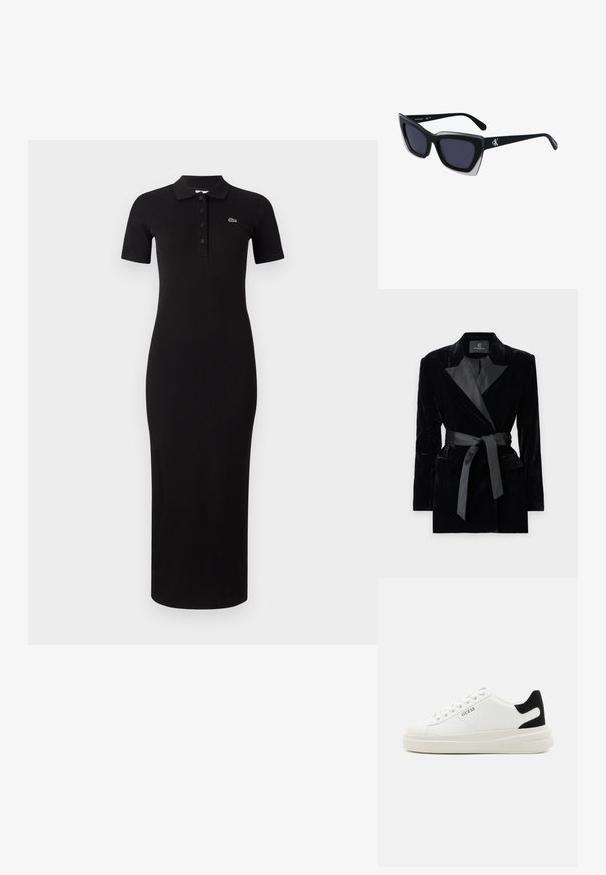 Musta samettitakki, jossa on satiininen kauluspanta, pitkät hihat, etupussit ja vyötäröllä solmittava vyö. Sileä pinta ja muotoiltu malli.; Mustapohjainen midi-pitkä mekko lyhyillä hihoilla, ribbikuviointi ja nappilista. Oikealla rintapielellä pieni vihreä logo.; Valkoiset nahkakengät paksulla valkoisella pohjalla, mustalla mokkanahkaosuudella kannassa ja kohokuvioitu logo sivulla. Nauhakeskitys kuudella reiällä.; Mustat ylisuuret aurinkolasit, joissa on geometrinen muoto, tummat linssit ja kehykseen erottuva harmaa yksityiskohta. Logo varressa.