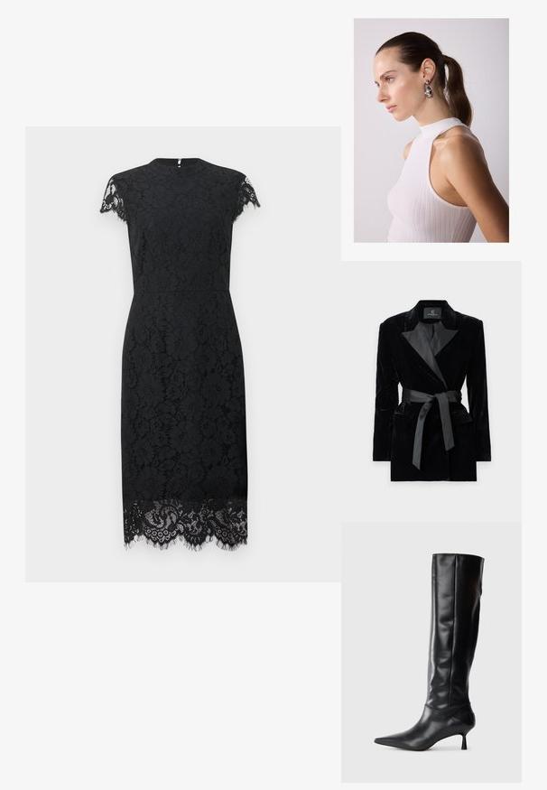 Sort fløjlsblazer med satin sjalkrave, lange ærmer, frontlommer og en bundet bælte i taljen. Glat tekstur og skræddersyet design.; Sort blonde kjole med korte ærmer, høj halsudskæring, tætsiddende silhuet og indviklet blondemønster med frynsedetaljer i kanten.; Sorte læder knæhøje støvler med spids tå og slank buet hæl. Glat tekstur, tætsiddende design og ingen synlig hardware eller mønstre.; Sølv dråbeøreringe med rundede accenter, sat mod en model iført en hvid ribbet ærmeløs top, der fremviser en glat tekstur.