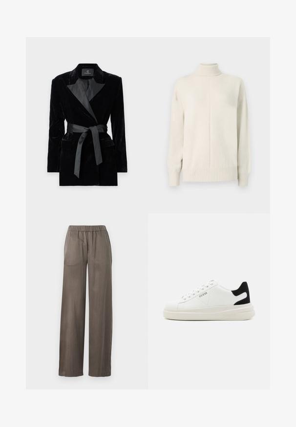 Black velvet blazer with satin shawl collar, long sleeves, front pockets, and a tied belt at the waist. Smooth texture and tailored design.; Cream-colored knitted turtleneck sweater with long sleeves and ribbed cuffs and hem, shown on a plain white background.; Wide-leg trousers in dark grey, made of a smooth fabric. Features an elastic waistband and loose-fitting design for comfort.; White leather sneakers with a thick white sole, black suede heel accent, and embossed logo on the side. Laced design with six eyelets.