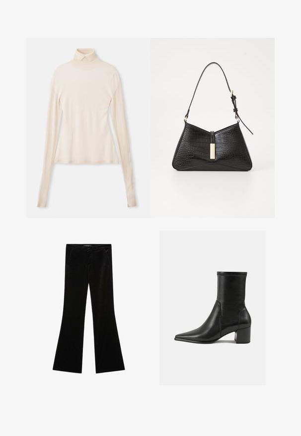 Black velvet blazer with satin shawl collar, long sleeves, front pockets, and a tied belt at the waist. Smooth texture and tailored design.; Cream turtleneck sweater made of soft, smooth fabric, featuring long sleeves, a fitted silhouette, and a slight stretch for comfort.; White long-sleeve blouse with a classic collar, front button closure, and gathered side detail. Smooth fabric with a tailored shape.; Black velvet flared pants with a smooth texture, featuring two front pockets and a fitted waist, designed for a streamlined silhouette.; Black ankle boot made of smooth leather, featuring a pointed toe, a block heel, and distinct raised stitching at the top edge.; Black handbag in faux croc-embossed material, featuring a triangular shape, slim shoulder strap, and a gold-tone hardware accent in the center.; Black leather gloves with a quilted black suede cuff. Features a smooth finish and a subtle logo accent on the wrist area.; Silver teardrop earrings with rounded accents, set against a model wearing a white ribbed sleeveless top, showcasing a smooth texture.