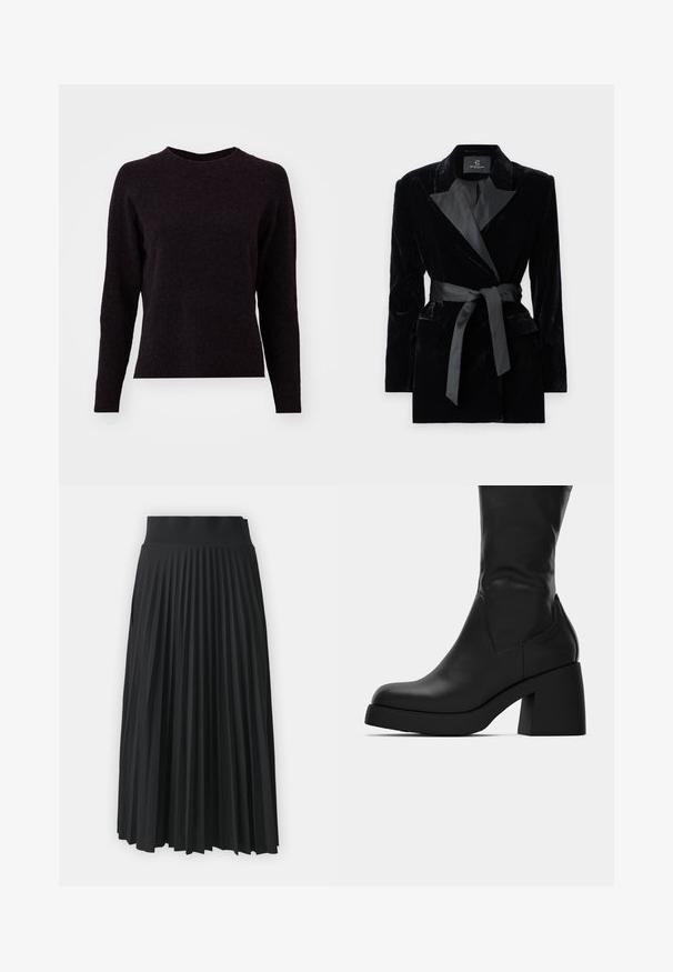 Czarna aksamitna marynarka z satynowym kołnierzem typu szal, długimi rękawami, kieszeniami z przodu i związanym paskiem w talii. Gładka tekstura i dopasowany krój.; Ciemnoszara dzianinowa sweterek z długimi rękawami, okrągłym dekoltem i ściągaczem u dołu. Miękka faktura, prosty design i brak widocznych wzorów czy detali.; Czarna plisowana spódnica z szerokim pasem, z jednolitymi pionowymi fałdami przez całą długość. Gładka faktura i płynny krój.; Czarna skórzana botka do połowy łydki z masywnym słupkiem i okrągłym noskiem, przedstawiona w profilu bocznym na białym tle.