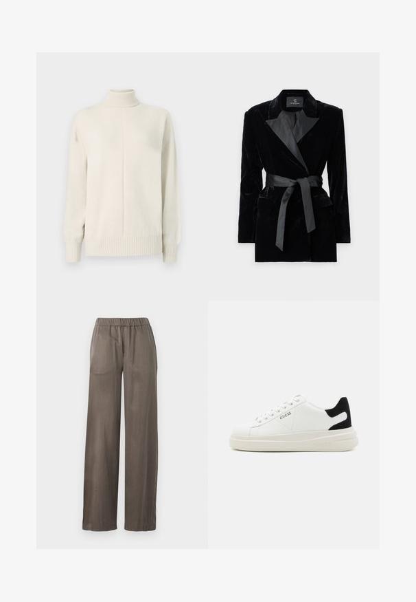 Black velvet blazer with satin shawl collar, long sleeves, front pockets, and a tied belt at the waist. Smooth texture and tailored design.; Cream-colored knitted turtleneck sweater with long sleeves and ribbed cuffs and hem, shown on a plain white background.; Wide-leg trousers in dark grey, made of a smooth fabric. Features an elastic waistband and loose-fitting design for comfort.; White leather sneakers with a thick white sole, black suede heel accent, and embossed logo on the side. Laced design with six eyelets.