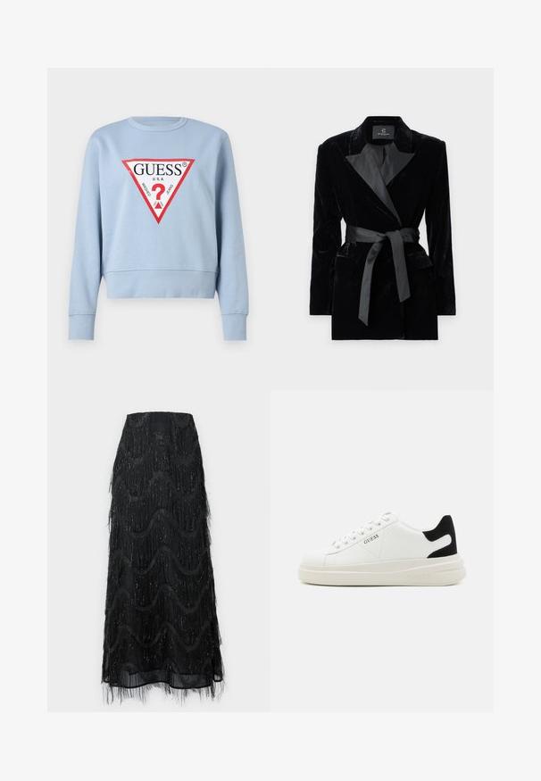 Blazer de terciopelo negro con cuello de chal de satén, mangas largas, bolsillos frontales y un cinturón atado en la cintura. Textura suave y diseño ajustado.; Sudadera azul claro de algodón, presenta un gráfico de triángulo rojo audaz con el logo "GUESS" y un signo de interrogación, diseño corto con puños acanalados.; Falda midi negra con flecos en capas y patrones de ondas. Fabricada con material transparente y acentos brillantes a lo largo de los bordes.; Zapatillas blancas de cuero con una suela blanca gruesa, acento en el talón de ante negro y logo grabado en el lateral. Diseño de cordones con seis ojales.
