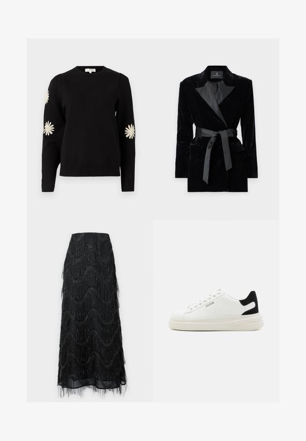 Zwarte fluwelen blazer met satijnen sjaalkraag, lange mouwen, voorzakken en een strikceintuur in de taille. Zachte textuur en verfijnd design.; Zwarte trui met een ronde halslijn, lange mouwen en geborduurde witte madeliefjespatronen op de mouwen. Zacht, gestructureerd materiaal.; Zwarte midi rok met gelaagde franjes en golvenpatronen. Gemaakt van doorschijnend materiaal met sprankelende accenten langs de randen.; Witte leren sneakers met een dikke witte zool, zwarte suède hielaccent en een geperst logo op de zijkant. Vetersluiting met zes oogjes.