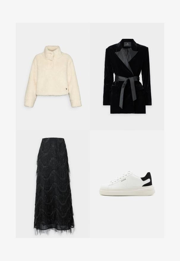Blazer en velours noir avec col châle en satin, manches longues, poches avant et une ceinture nouée à la taille. Texture lisse et design ajusté.; Veste en fausse fourrure raccourcie couleur blanc cassé avec un col haut, fermeture à boutons et texture subtile. Comprend un accent logo sur l'ourlet.; Jupe midi noire avec des franges superposées et des motifs en vagues. Fabriquée en matière transparente avec des accents scintillants le long des bords.; Baskets en cuir blanc avec une épaisse semelle blanche, un accent en daim noir au niveau du talon et un logo embossé sur le côté. Design à lacets avec six œillets.