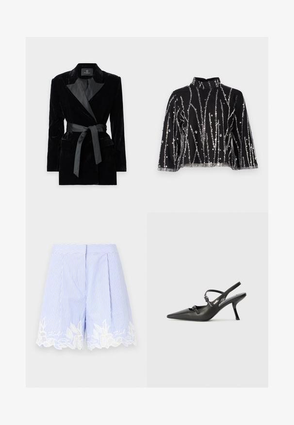 Juodas aksominis švarkas su satino apykakle, ilgomis rankovėmis, priekinėmis kišenėmis ir juosmenyje surišamu diržu. Lygus paviršius ir pritaikytas dizainas.; Juodas trumpas viršus su aukštu kaklu, papuoštas sidabriniais blizgučiais vertikaliomis linijomis, permatomomis rankovėmis ir tekstūruotu audiniu.; Mėlynai ir baltai raštuoti šortai su raukšlėtu dizainu, puoštos nėriniu apatine dalimi. Lengvas audinys su švelnia tekstūra.; Juodi odiniai slingback kulniukai su smailiu pirštu, siauru kulnu ir dekoratyvine sagtimi viršuje. Lygus paviršius ir elegantiškas dizainas.