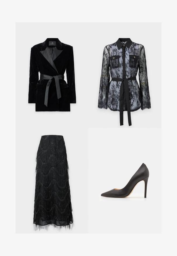Svart fløyelsblazer med sateng sjalkrage, lange ermer, frontlommer og et knyttet belte i midjen. Glatt tekstur og skreddersydd design.; Svart blondebluse med lange ermer, knapplukking på brystlommene, klassisk krage og belte i stoff knyttet rundt livet. Gjennomsiktig design.; Svart midi skjørt med lagdelt frynser og bølgemønstre. Laget av gjennomsiktig materiale med glitrende detaljer langs kantene.; Sorte lærhøye hæler med spiss tå og glatt tekstur, med en slank hæl og minimalistisk design.