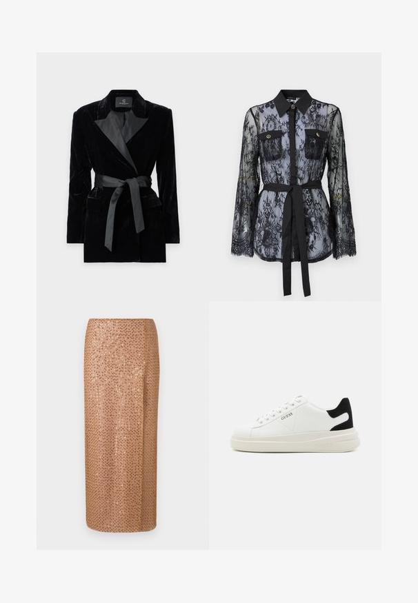 Black velvet blazer with satin shawl collar, long sleeves, front pockets, and a tied belt at the waist. Smooth texture and tailored design.; Black lace blouse featuring long sleeves, buttoned chest pockets, a classic collar, and a fabric belt tied at the waist. Transparent design.; Beaded midi skirt in pale beige with a sequin design, featuring a straight silhouette and a side slit for detail and movement.; White leather sneakers with a thick white sole, black suede heel accent, and embossed logo on the side. Laced design with six eyelets.