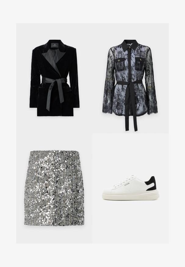 Blazer de veludo preto com colarinho de cetim, mangas longas, bolsos frontais e um cinto atado na cintura. Textura suave e design ajustado.; Blusa de renda preta com mangas longas, bolsos no peito com botão, colarinho clássico e um cinto de tecido atado na cintura. Design transparente.; Saia mini com lantejoulas apresentando um esquema de cores metálico prata e preto, superfície texturizada com lantejoulas reflectivas e um design ajustado.; Sapatilhas brancas de couro com uma sola branca espessa, detalhe em camurça preta no calcanhar e logótipo em relevo na lateral. Design com atacadores e seis ilhós.