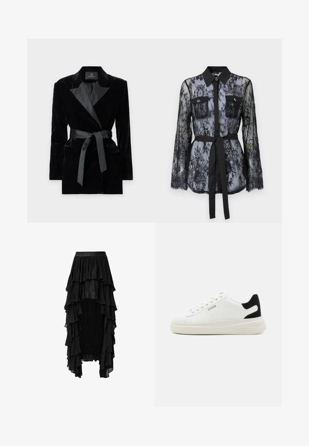 Zwarte fluwelen blazer met satijnen sjaalkraag, lange mouwen, voorzakken en een strikceintuur in de taille. Zachte textuur en verfijnd design.; Zwarte kanten blouse met lange mouwen, knoopzakken op de borst, een klassieke kraag en een stoffen riem die op de taille is gestrikt. Doorzichtige uitstraling.; Zwarte tiered maxi jurk met een gerimpeld ontwerp, gemaakt van een lichte stof, met een brede tailleband en een asymmetrische zoom.; Witte leren sneakers met een dikke witte zool, zwarte suède hielaccent en een geperst logo op de zijkant. Vetersluiting met zes oogjes.