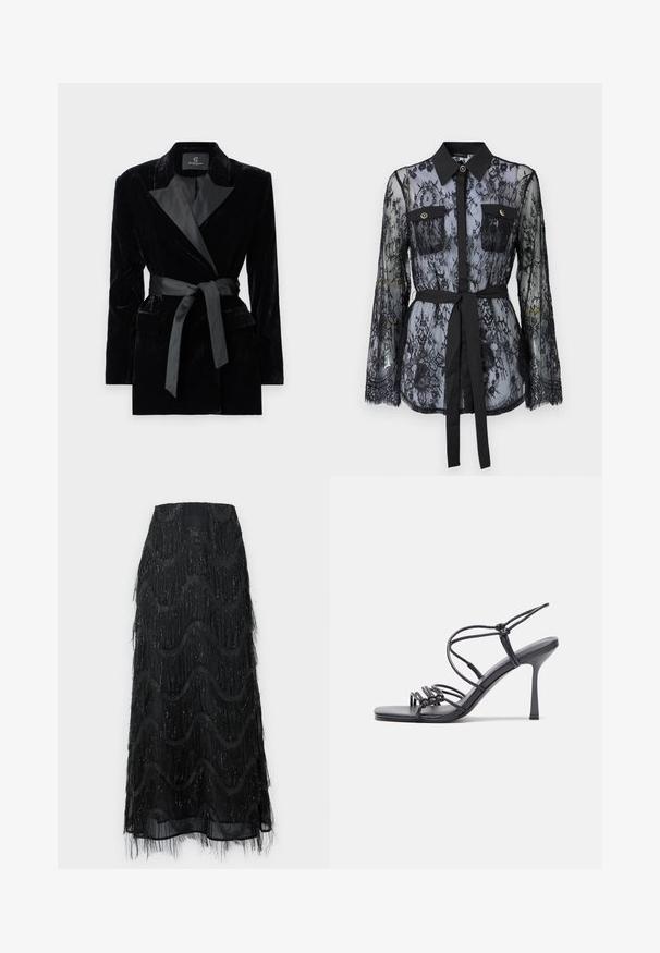 Czarna aksamitna marynarka z satynowym kołnierzem typu szal, długimi rękawami, kieszeniami z przodu i związanym paskiem w talii. Gładka tekstura i dopasowany krój.; Czarna koronkowa bluzka z długimi rękawami, zapinanymi kieszeniami na piersi, klasycznym kołnierzykiem oraz materiałowym paskiem wiązanym w talii. Przezroczysty design.; Czarna spódnica midi z warstwowym frędzlem i wzorami falistymi. Wykonana z przezroczystego materiału z błyszczącymi akcentami wzdłuż brzegów.; Czarne sandały na wysokim obcasie mają cienkie paski z węzłowym wzorem, gładki, kwadratowy czubek i smukły obcas w stylu szpilki.