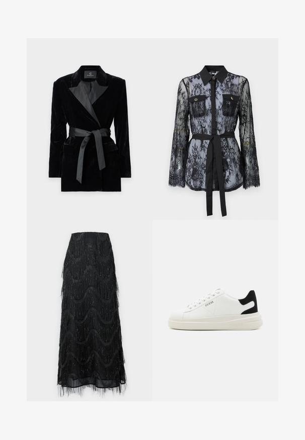 Čierny zamatový blejzer so saténovým šálovým golierom, dlhými rukávmi, prednými vreckami a opaskom na uviazanie v páse. Hladká štruktúra a strihový dizajn.; Čierna čipkovaná blúzka s dlhými rukávmi, gombíkovými náprsníkmi, klasickým golierom a látkovým opaskom viazaným v páse. Priehľadný dizajn.; Čierna midi sukňa s vrstvami frania a vlnkovými vzormi. Vyrobená z priesvitného materiálu so trblietavými akcentmi pozdĺž okrajov.; Biele kožené tenisky s hrubou bielou podrážkou, čiernym zamekom na päte a vyrazeným logom na boku. Šnurovací dizajn so šiestimi očkami.