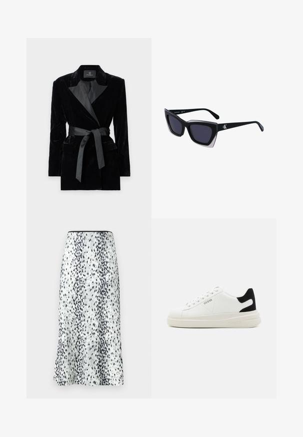 Czarna aksamitna marynarka z satynowym kołnierzem typu szal, długimi rękawami, kieszeniami z przodu i związanym paskiem w talii. Gładka tekstura i dopasowany krój.; Czarna koronkowa bluzka z długimi rękawami, zapinanymi kieszeniami na piersi, klasycznym kołnierzykiem oraz materiałowym paskiem wiązanym w talii. Przezroczysty design.; Spódnica do kolan wykonana z białej tkaniny w czarno-szary wzór w kropki, wykończona prostym pasem i małym logo.; Białe skórzane sneakersy z grubą białą podeszwą, czarnym zamszowym akcentem na pięcie oraz wytłoczonym logotypem z boku. Projekt z sznurówkami i sześcioma dziurkami.; Czarne, oversize okulary przeciwsłoneczne o geometrycznym kształcie, z ciemnymi soczewkami i kontrastującym szarym detalem na oprawie. Logo na ramieniu.