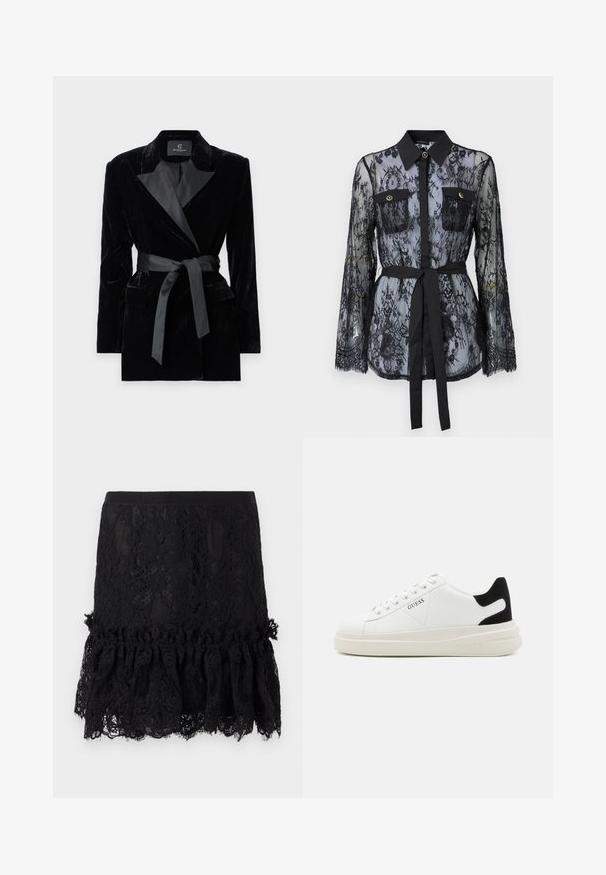Zwarte fluwelen blazer met satijnen sjaalkraag, lange mouwen, voorzakken en een strikceintuur in de taille. Zachte textuur en verfijnd design.; Zwarte kanten blouse met lange mouwen, knoopzakken op de borst, een klassieke kraag en een stoffen riem die op de taille is gestrikt. Doorzichtige uitstraling.; Zwarte kant rok met een gestructureerde top, met een gerafelde kant zoom. De stof toont bloemmotieven en een soepele tailleband.; Witte leren sneakers met een dikke witte zool, zwarte suède hielaccent en een geperst logo op de zijkant. Vetersluiting met zes oogjes.