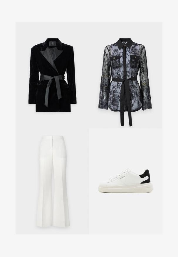 Mustmust blazer satiinist kraega, pikkade varrukatega, ees taskutega ja vööga taljes. Sile tekstuur ja kohandatud disain.; Must värviline pitspluus, mis on varustatud pikkade varrukatega, nööpidega rinna-taskutega, klassikalise kraega ja kangast vöödiga, mis on seotud vöökohtadele. Aksessuaar on läbipaistev.; BOSS TALIA LONG - Püksid - open white; Valged nahast tennisetossud paksu valge tallaga, musta sametist kontsakeeuga ja külje peal riigilogo reljeefne kujundus. Lukkeskeem kuue silmaauguga.