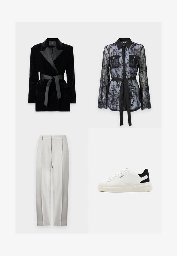 Melnas samta žaketes ar satīna apkakli, garām piedurknēm, priekšējām kabatām un saistītu jostu jostasvietā. Gluda tekstūra un izsmalcināts dizains.; Melnas mežģīņu blūze ar garām piedurknēm, pogām kabatām uz krūtīm, klasisku apkakli un auduma jostu, kas saitē ap jostasvietu. Caurspīdīgs dizains.; Gaisma pelēkas pielāgotas bikses ar taisnu griezumu, priekšējām krokām, jostas cilpām un gludu teksturētu audumu.; Baltas ādas sporta apavi ar biezu balto zoli, melna zamša uzpura un izspiestais logotips sānos. Šņorējuma dizains ar sešiem acu caurumiem.