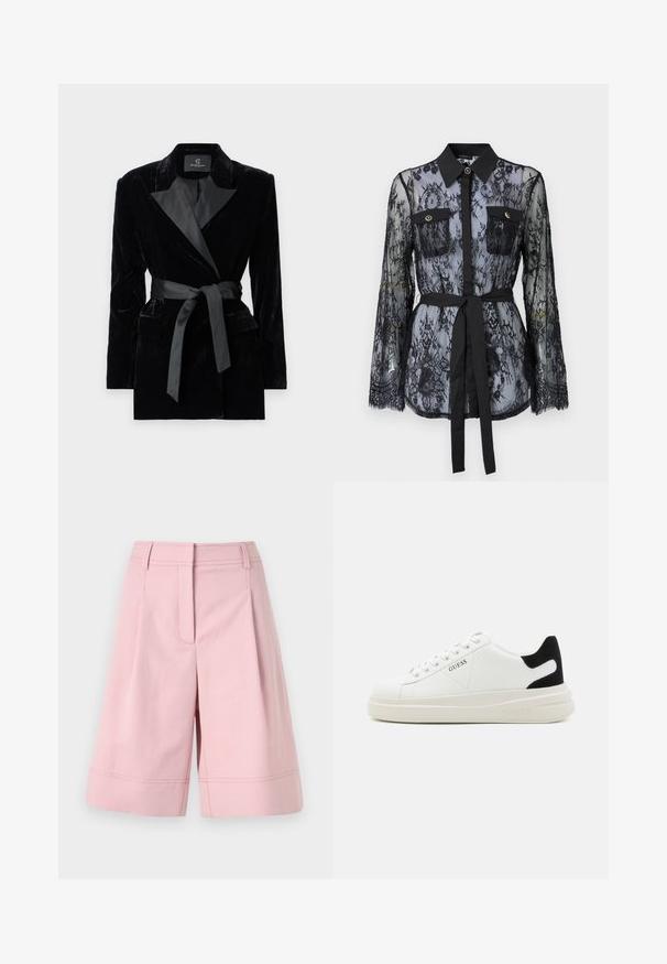 Črn žametni blazer s satenskim ovratnikom, dolgimi rokavi, sprednjimi žepi in zavezanjem v pasu. Gladka tekstura in krojena zasnova.; Črna čipkasta bluza z dolgimi rokavi, z gumbastimi žepi na prsih, klasičnim ovratnikom in pasom iz tkanine, vezanim na pasu. Prosojna zasnova.; Svetlo roza kratke hlače iz mešanice bombaža, z visokim pasom, naborki in obrobljenim dnom z vidnimi šivi.; Bele usnjene športne copate z debelim belim podplatom, črnimi semišnimi detajli na peti in utisnjenim logotipom na strani. Zavezovanje s šestimi luknjicami.