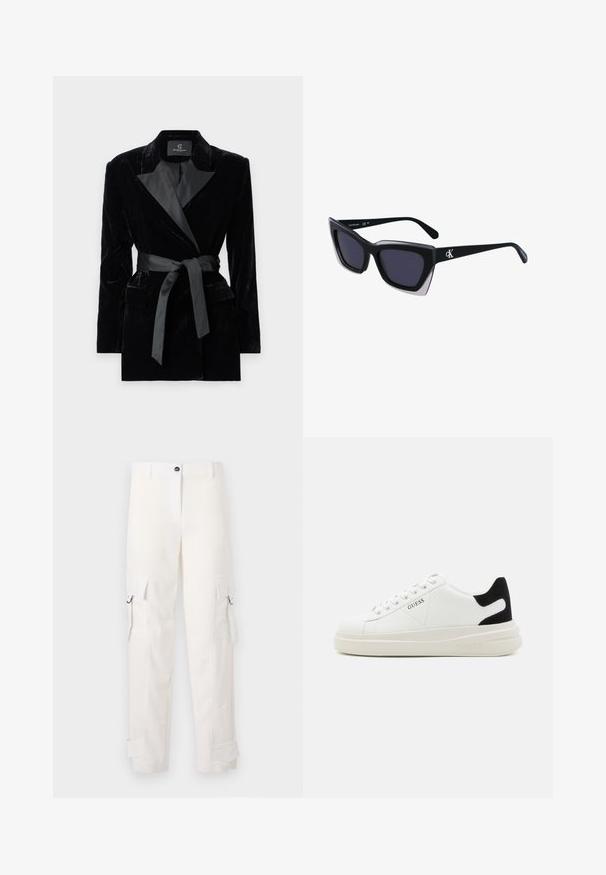 Svart sammet blazer med satin skalkrage, långa ärmar, framfickor och ett knytbälte i midjan. Slät textur och skräddarsydd design.; Svart spetsblus med långa ärmar, knäppta bröstfickor, klassisk krage och ett tygbälte knutet i midjan. Transparent design.; Vita cargobyxor i bomull, med sidfickor, bältesöglor och uppvikta fållar. Designen har en rak passform och knäppning med knapp.; Vita lädersneakers med en tjock vit sula, svartsuede hälaccent och präglad logotyp på sidan. Snörningsdesign med sex öglor.; Svart överdimensionerade solglasögon med geometrisk form, med mörka linser och en kontrasterande grå detalj på ramen. Logotyp på bygeln.
