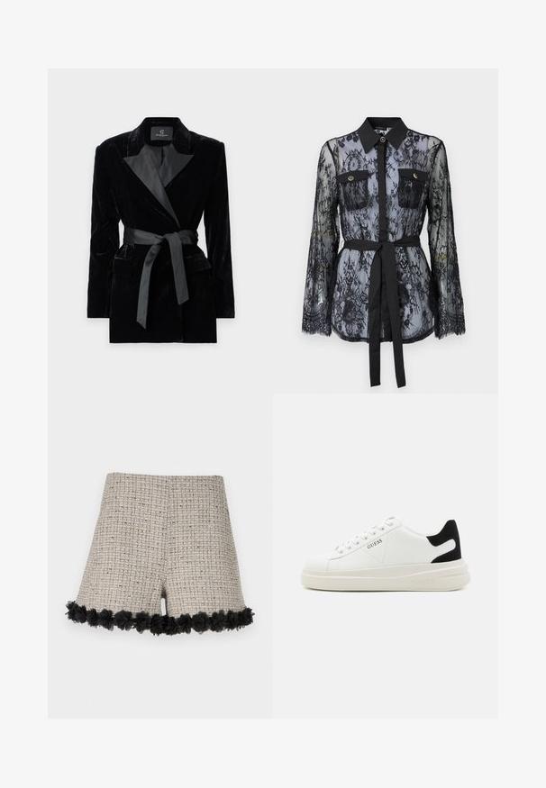 Mustmust blazer satiinist kraega, pikkade varrukatega, ees taskutega ja vööga taljes. Sile tekstuur ja kohandatud disain.; Must värviline pitspluus, mis on varustatud pikkade varrukatega, nööpidega rinna-taskutega, klassikalise kraega ja kangast vöödiga, mis on seotud vöökohtadele. Aksessuaar on läbipaistev.; Beige tweed lühikesed püksid, millel on tekstureeritud muster ja must lilleline ääris allservas. Kujundus sisaldab kokkuvõttes kohandatud lõiget.; Valged nahast tennisetossud paksu valge tallaga, musta sametist kontsakeeuga ja külje peal riigilogo reljeefne kujundus. Lukkeskeem kuue silmaauguga.