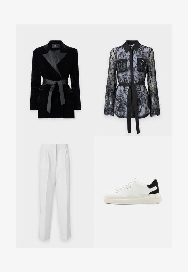 Svart fløyelsblazer med sateng sjalkrage, lange ermer, frontlommer og et knyttet belte i midjen. Glatt tekstur og skreddersydd design.; Svart blondebluse med lange ermer, knapplukking på brystlommene, klassisk krage og belte i stoff knyttet rundt livet. Gjennomsiktig design.; Hvite skreddersydde bukser med rett passform, med frontfolder, to sidelommer og en ren linning for et polert utseende.; Hvite lær sneakers med tykk hvit såle, svart semsket hælforsterkning og preget logo på siden. Snøresystem med seks hull.
