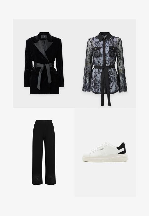 Schwarze Samtblazer mit satinierter Schalkragen, langen Ärmeln, Fronttaschen und einem gebundenen Gürtel in der Taille. Glatte Textur und taillierte Passform.; Schwarze Spitzenbluse mit langen Ärmeln, knöpfbaren Brusttaschen, klassischem Kragen und einem Stoffgürtel, der an der Taille gebunden ist. Transparenter Design.; Schwarze Sweatpants mit einem weit geschnittenen Design, elastischem Bund und floralen Stickereien am Saum. Hergestellt aus weichem, elastischem Stoff.; Weiße Leder-Sneaker mit einer dicken weißen Sohle, schwarzem Wildlederakzent an der Ferse und geprägtem Logo an der Seite. Schnürdesign mit sechs Ösen.