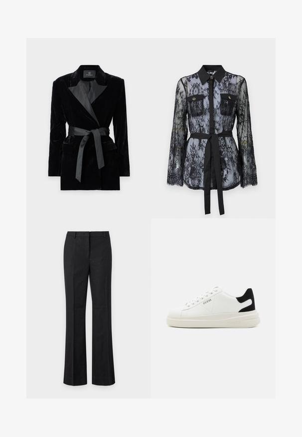 Svart fløyelsblazer med sateng sjalkrage, lange ermer, frontlommer og et knyttet belte i midjen. Glatt tekstur og skreddersydd design.; Svart blondebluse med lange ermer, knapplukking på brystlommene, klassisk krage og belte i stoff knyttet rundt livet. Gjennomsiktig design.; Sorte slengbukser laget av glatt stoff med små metalliske detaljer overalt. Har flat front og standard midjebånd.; Hvite lær sneakers med tykk hvit såle, svart semsket hælforsterkning og preget logo på siden. Snøresystem med seks hull.