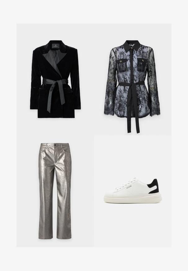 Mustmust blazer satiinist kraega, pikkade varrukatega, ees taskutega ja vööga taljes. Sile tekstuur ja kohandatud disain.; Must värviline pitspluus, mis on varustatud pikkade varrukatega, nööpidega rinna-taskutega, klassikalise kraega ja kangast vöödiga, mis on seotud vöökohtadele. Aksessuaar on läbipaistev.; Metallik hõbedased püksid sirge lõikega, viie tasku ja nööpidega sulgemine. Sile tekstuur koos peene läike ja minimalistliku disainiga.; Valged nahast tennisetossud paksu valge tallaga, musta sametist kontsakeeuga ja külje peal riigilogo reljeefne kujundus. Lukkeskeem kuue silmaauguga.