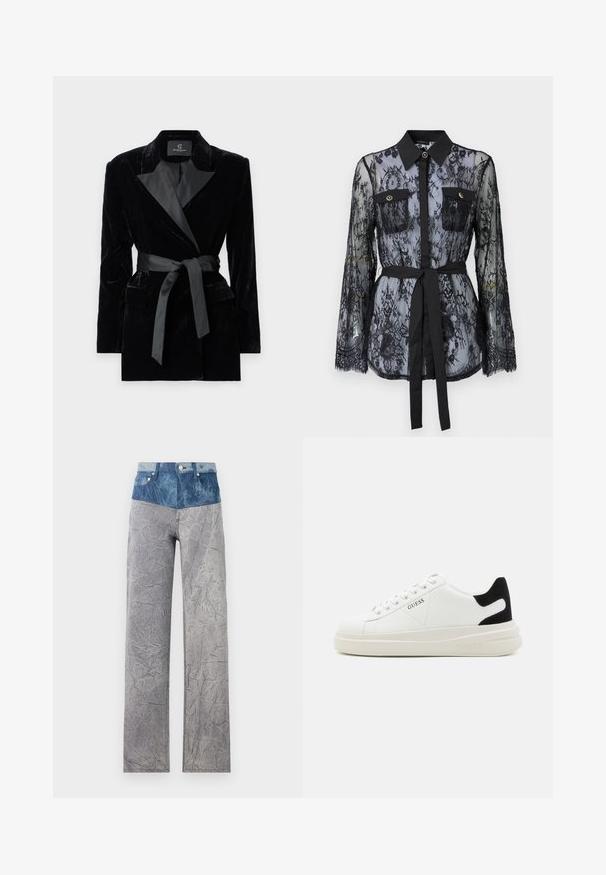 Black velvet blazer with satin shawl collar, long sleeves, front pockets, and a tied belt at the waist. Smooth texture and tailored design.; Black lace blouse featuring long sleeves, buttoned chest pockets, a classic collar, and a fabric belt tied at the waist. Transparent design.; Denim pants with a high, light blue waistband transitioning to a crinkled grey body. Features standard pockets and button closures.; White leather sneakers with a thick white sole, black suede heel accent, and embossed logo on the side. Laced design with six eyelets.