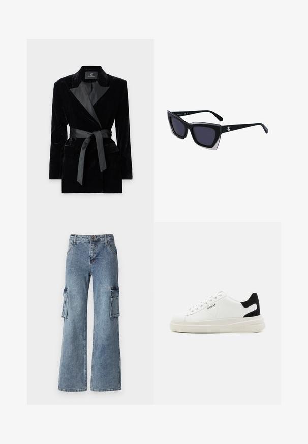 Černé sametové sako se saténovým šálovým límcem, dlouhými rukávy, předními kapsami a uvázaným páskem v pase. Hladký povrch a přizpůsobený design.; Černá krajková blůza s dlouhými rukávy, knoflíkovými kapsami na hrudi, klasickým límečkem a tkaninovým páskem svázaným v pase. Průhledný design.; Široké modré denimové cargo kalhoty se bočními kapsami, zapínáním na knoflík a poutky na pásek. Tkanina má světlý ombré efekt s jemným vyblednutím.; Bílé kožené tenisky s tlustou bílou podrážkou, černým semišovým akcentem na patě a vyraženým logem na boku. Šněrovací design se šesti očka.; Černé oversized sluneční brýle geometrického tvaru, s tmavými skly a kontrastním šedým detailem na rámu. Logo na rameni.