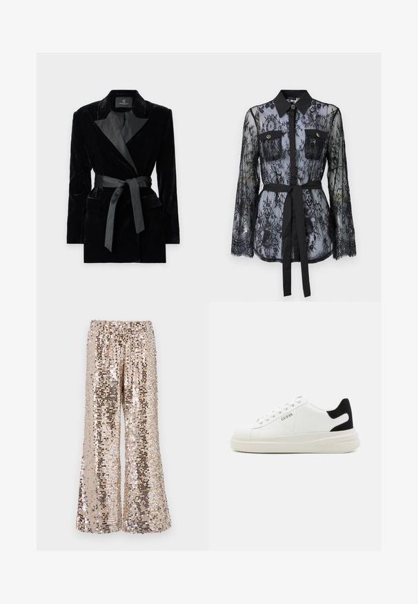 Czarna aksamitna marynarka z satynowym kołnierzem typu szal, długimi rękawami, kieszeniami z przodu i związanym paskiem w talii. Gładka tekstura i dopasowany krój.; Czarna koronkowa bluzka z długimi rękawami, zapinanymi kieszeniami na piersi, klasycznym kołnierzykiem oraz materiałowym paskiem wiązanym w talii. Przezroczysty design.; Spodnie szerokie z cekinami w odcieniach złota i srebra z elastycznym pasem. Posiadają połyskującą fakturę i luźny krój.; Białe skórzane sneakersy z grubą białą podeszwą, czarnym zamszowym akcentem na pięcie oraz wytłoczonym logotypem z boku. Projekt z sznurówkami i sześcioma dziurkami.
